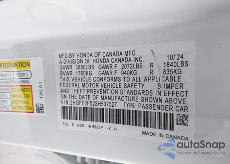 2025 Honda Civic Sport from USA, damaged, VIN 2HGFE2F52SH537527